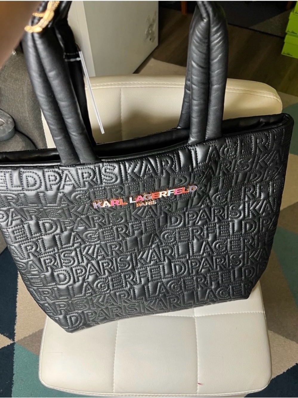 Karl Lagerfeld Black Quilted Logo Tote with Multicolor Plaque
